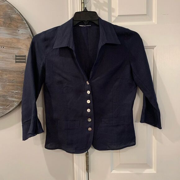 Talbots Navy Linen & Shell Button Blazer sz S - Picture 1 of 5